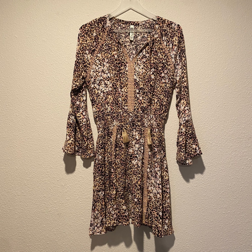 American Rag Leopard Print Mini Dress Small Boho Long Sleeve V-Neck